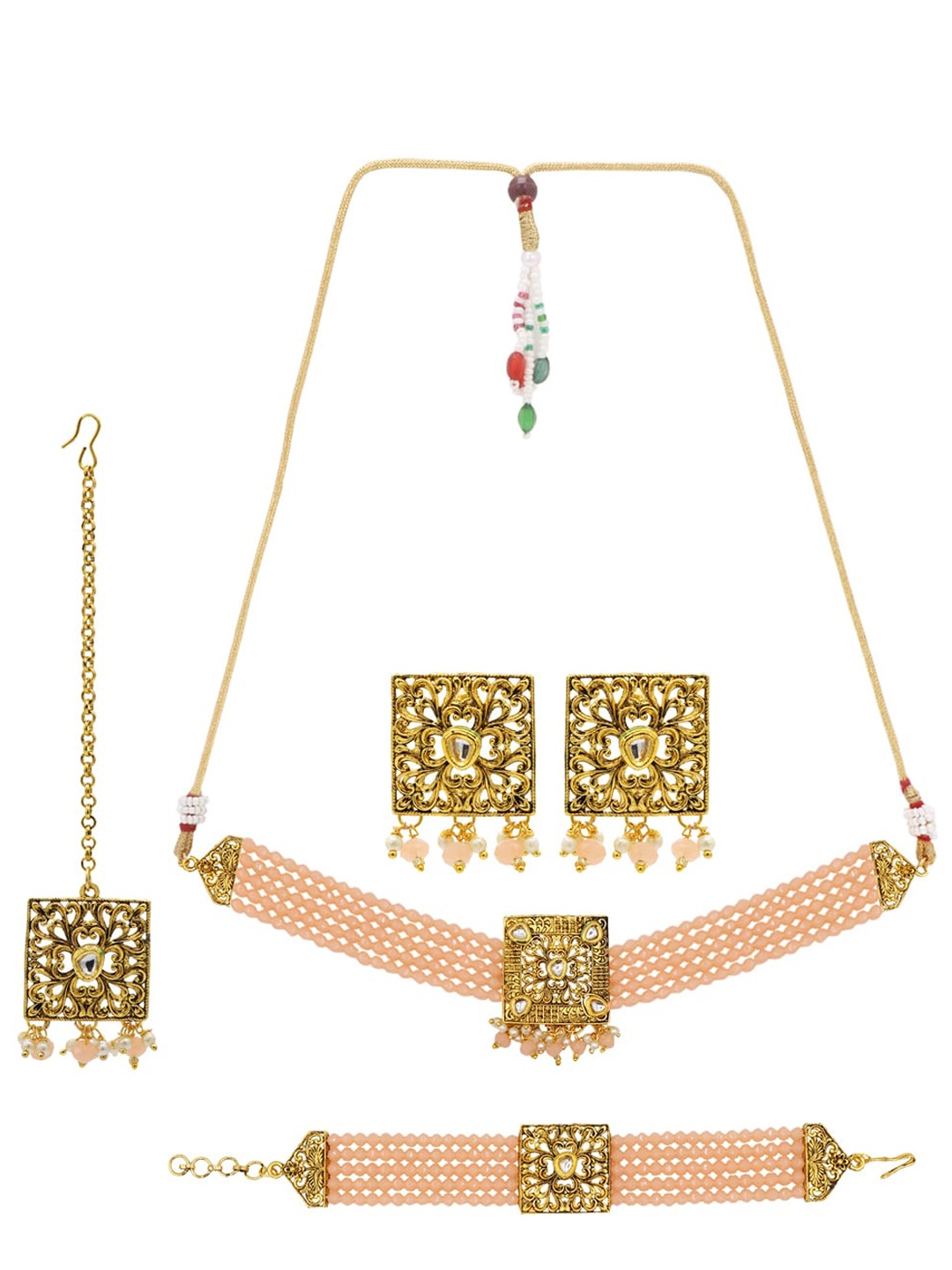 

ASMITTA JEWELLERY Gold-Plated Peach-Coloured & White Kundan Studded & Beaded Jewellery Set