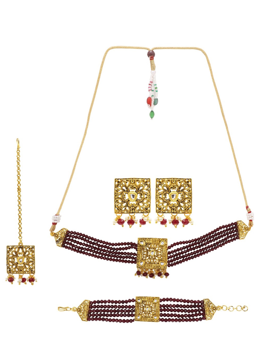 

ASMITTA JEWELLERY Gold-Plated Maroon & White Kundan-Studded & Beaded Jewellery Set
