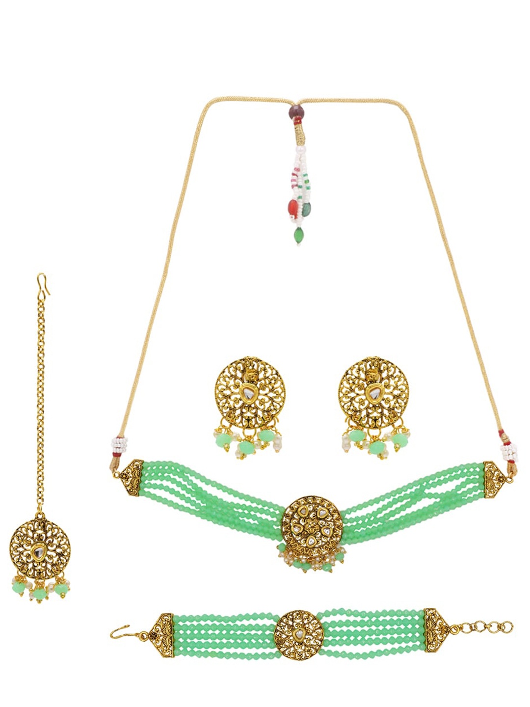 

ASMITTA JEWELLERY Gold-Plated Green & White Kundan Studded & Beaded Jewellery Set