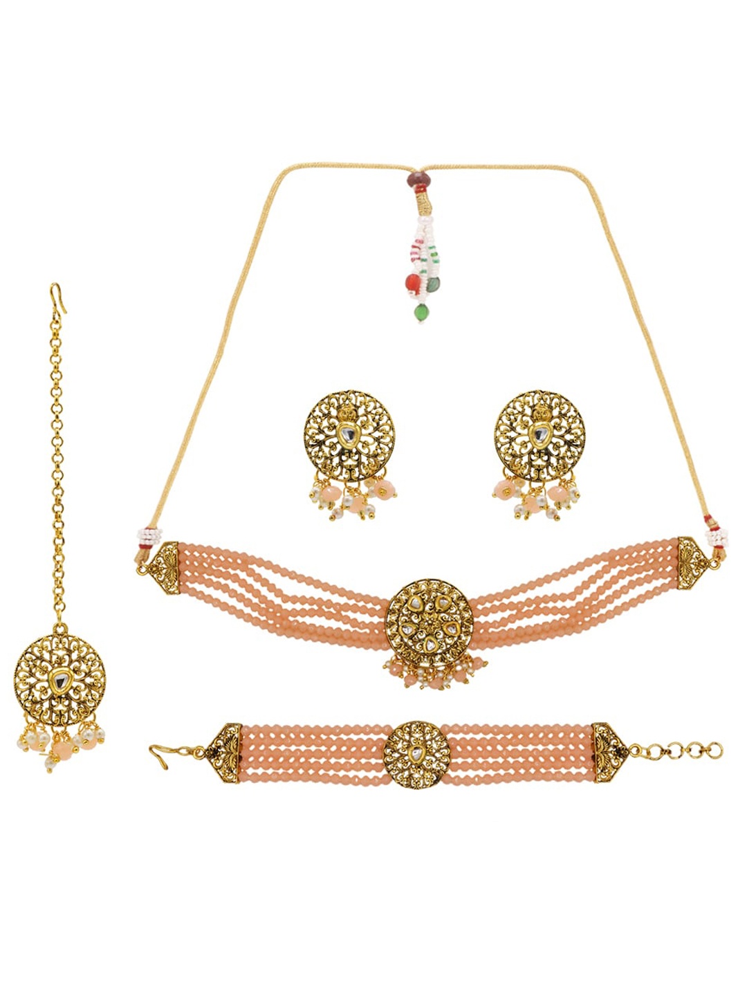 

ASMITTA JEWELLERY Gold-Plated Peach & White Kundan Studded & Beaded Jewellery Set