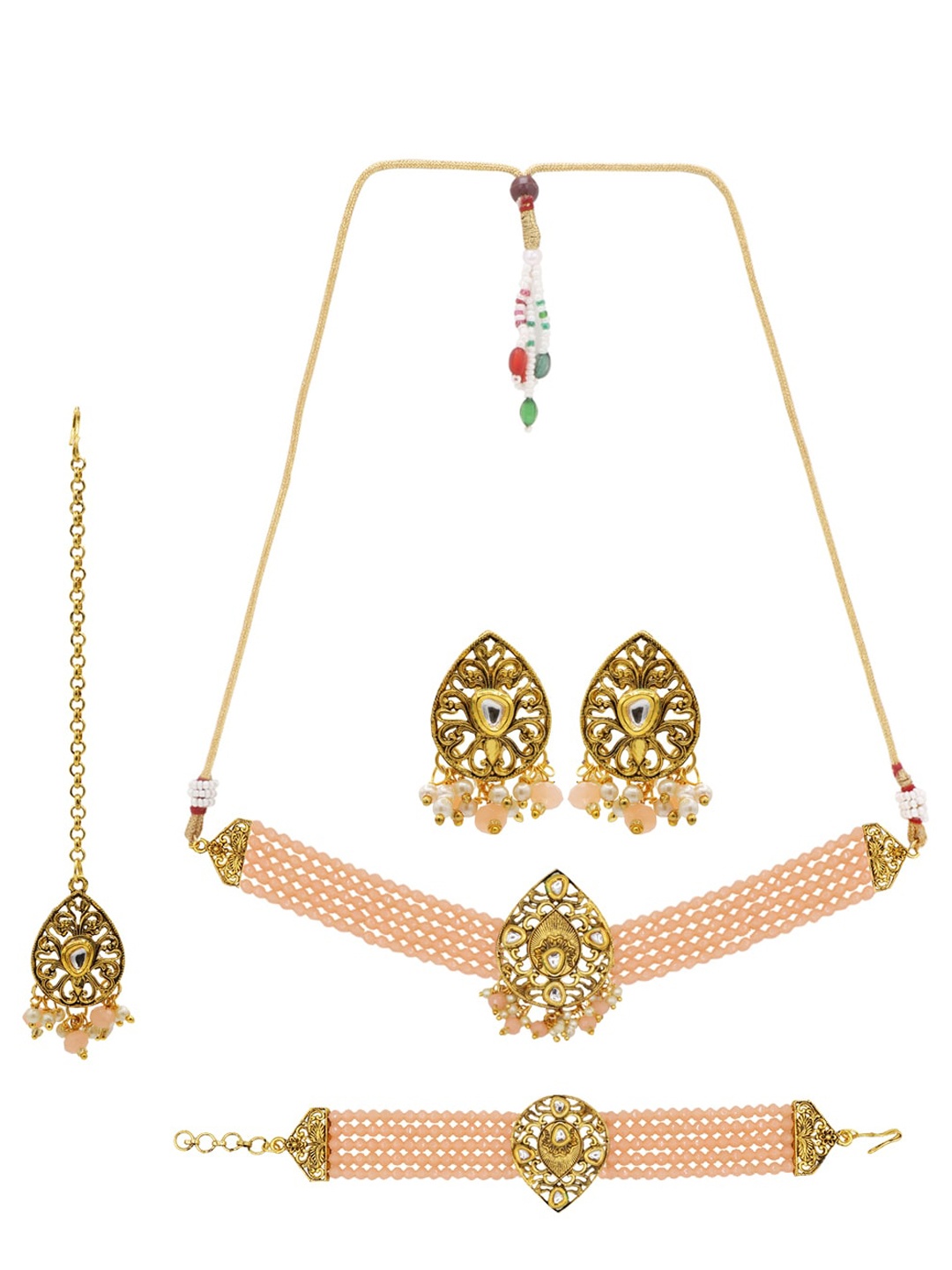 

ASMITTA JEWELLERY Gold-Plated Peach & White Kundan Studded & Beaded Jewellery Set