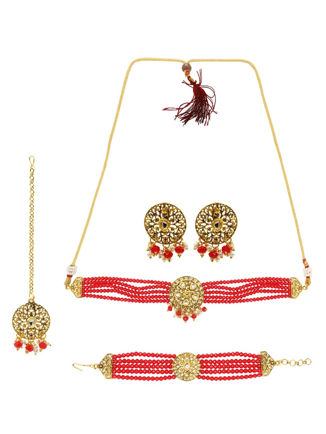 

ASMITTA JEWELLERY Gold-Plated Red Kundan Studded & Beaded Jewellery Set