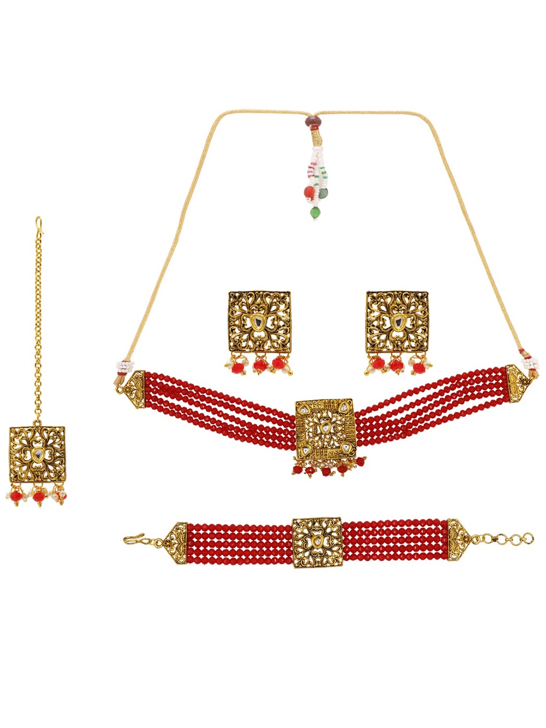 

ASMITTA JEWELLERY Gold-Plated Red & White Kundan Studded & Beaded Jewellery Set