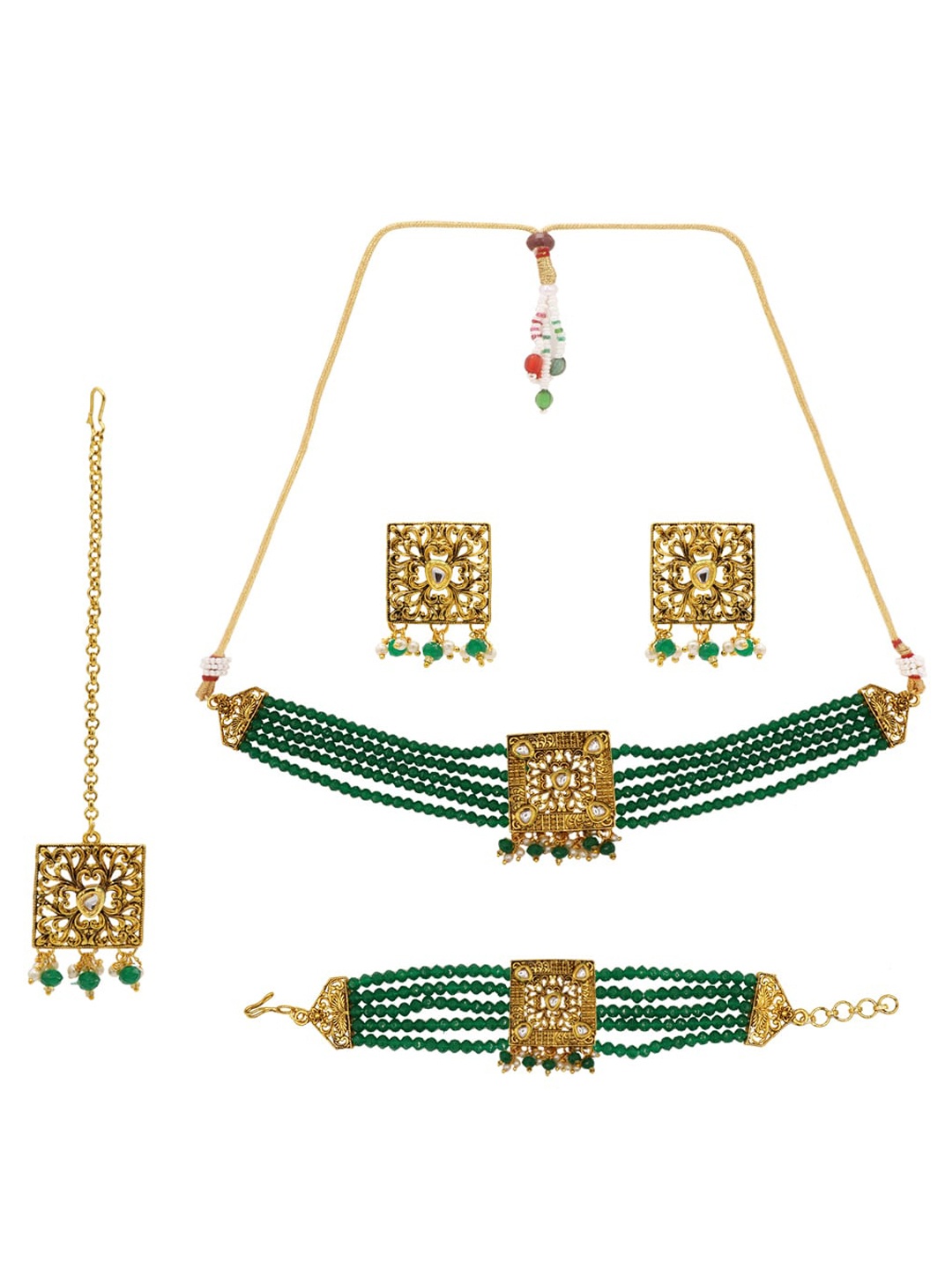 

ASMITTA JEWELLERY Gold-Plated Green & White Kundan Studded & Beaded Jewellery Set