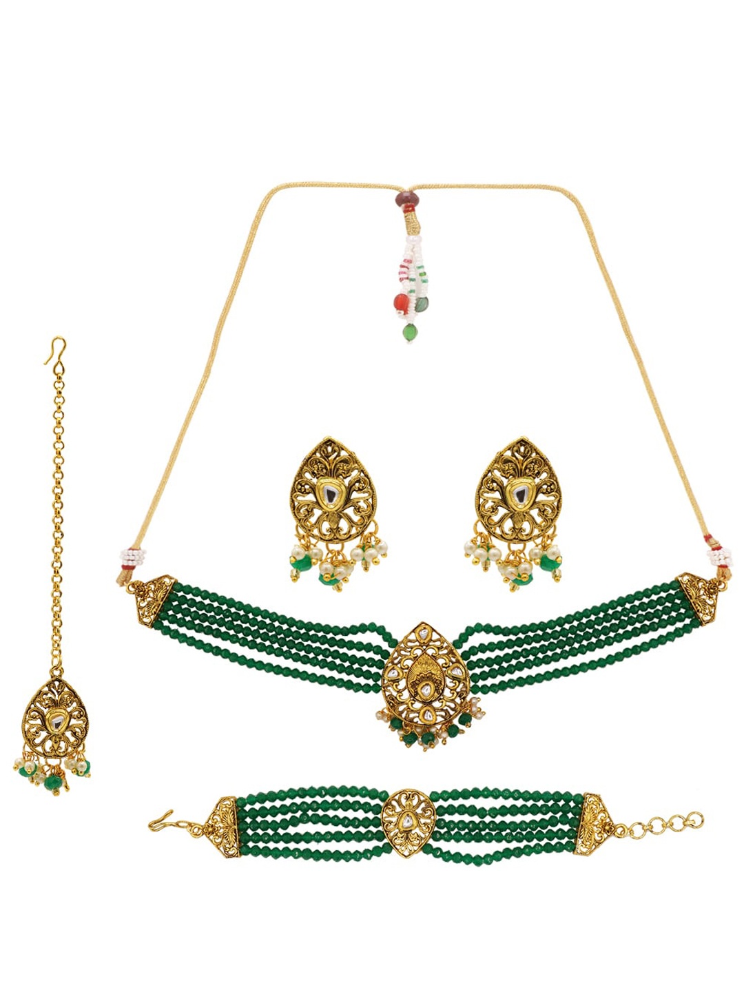 

ASMITTA JEWELLERY Gold-Plated & Green Kundan-Studded & Beaded Jewellery Set