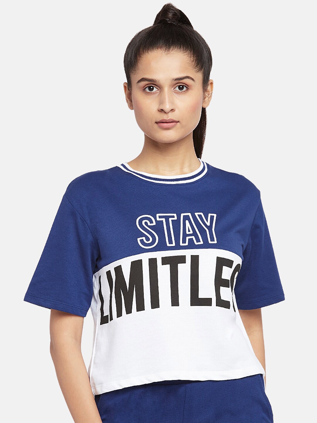 

Ajile by Pantaloons Women Navy Blue Colourblocked Pockets T-shirt