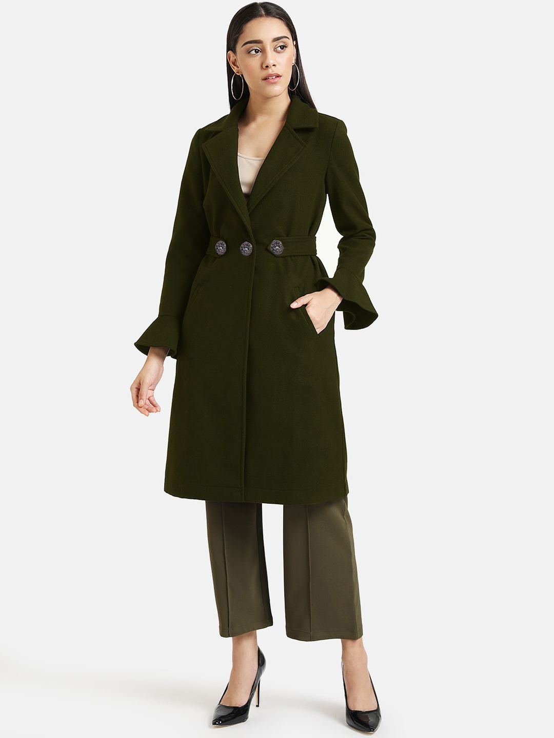 

Kazo Women Olive Green Solid Single-Breasted Longline Overcoat