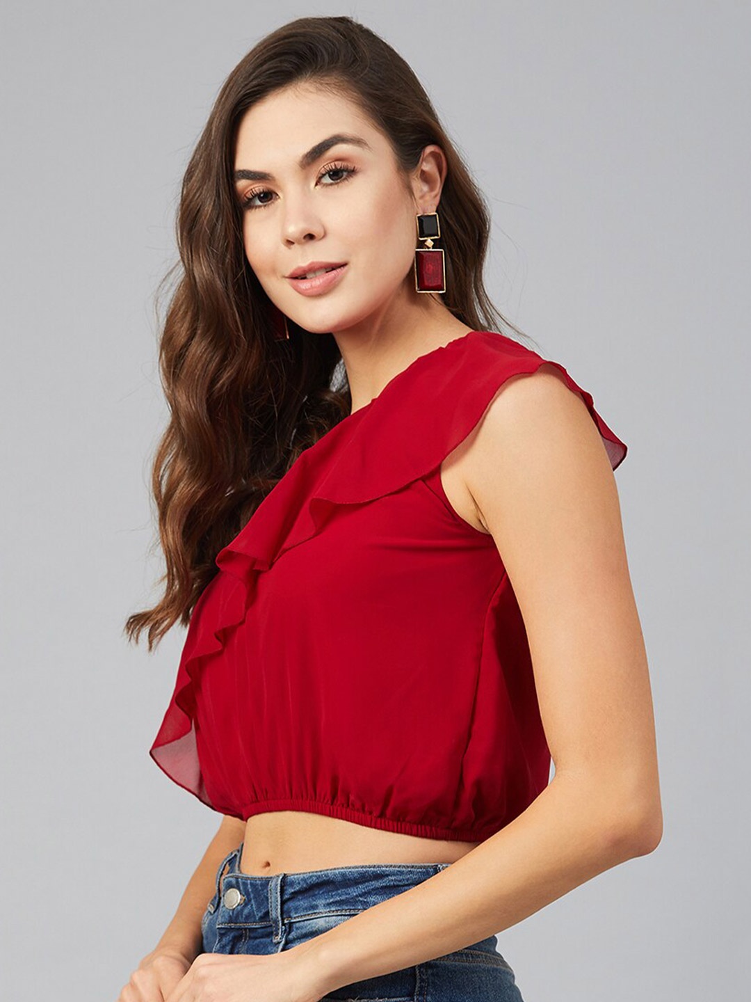 

Orchid Blues Maroon One Shoulder Ruffles Fitted Crop Top