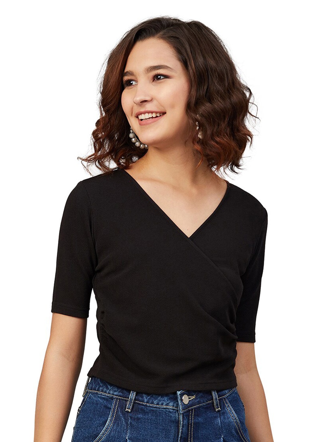 

Orchid Blues Black Solid Wrap Top