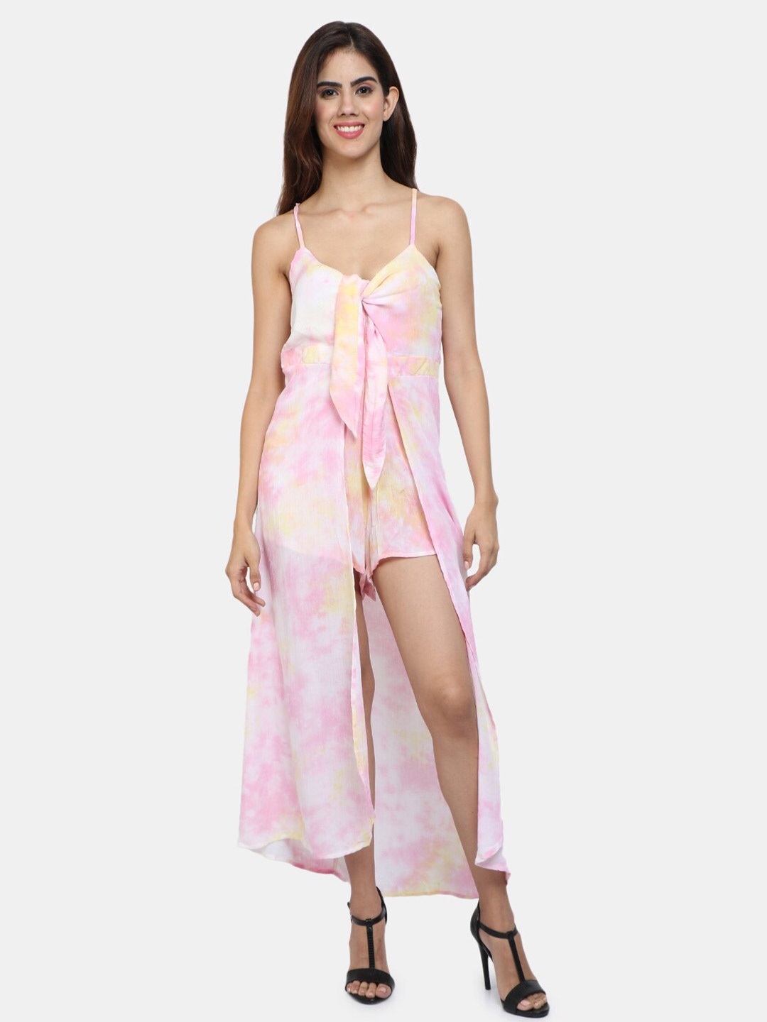 

IX IMPRESSION Women Pink & White Printed Shoulder Striped Jumpsuit