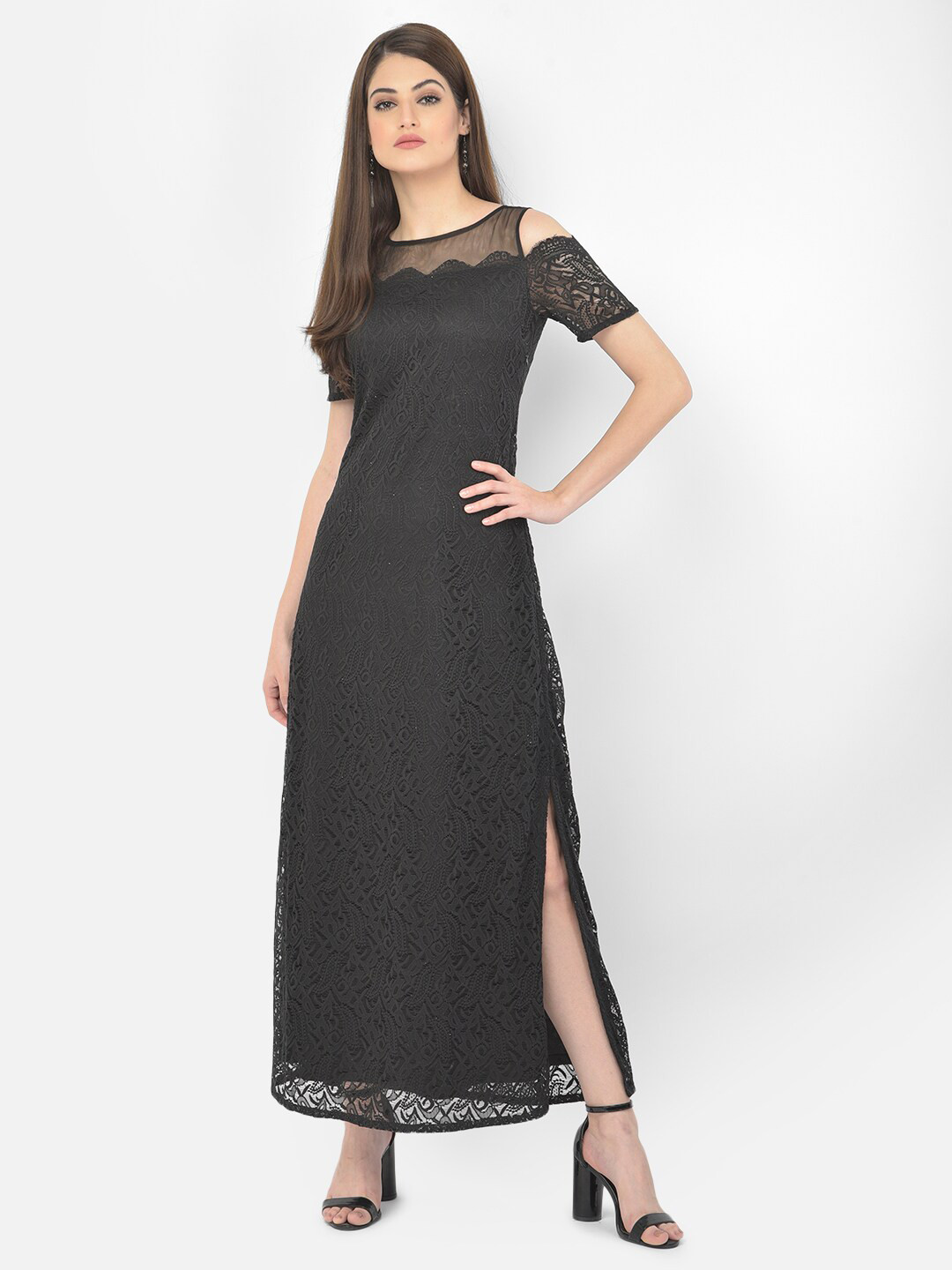 

Eavan Women Black Self Designed Lace Maxi Dress with Side Slit