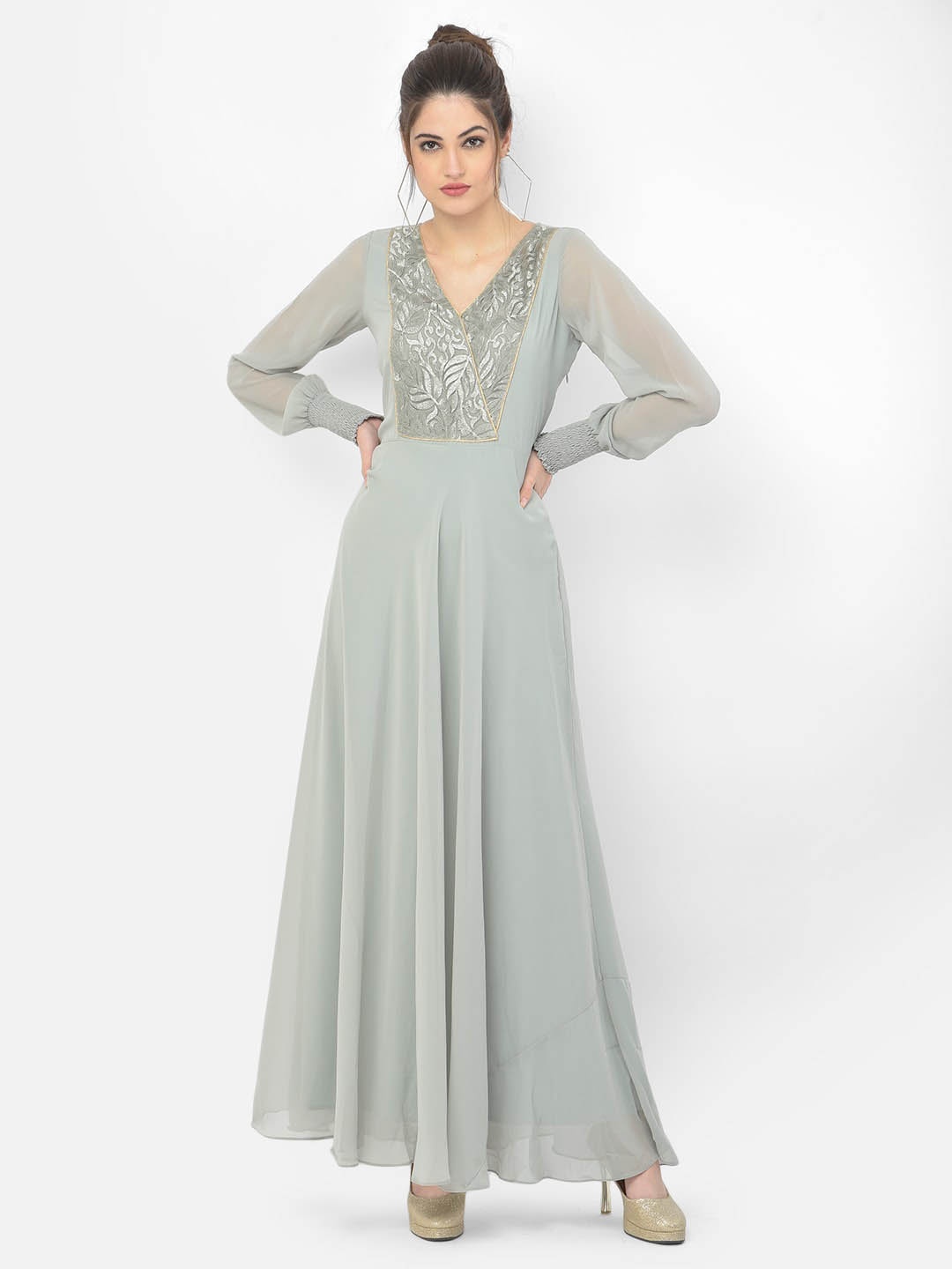 

Eavan Women Grey Ethnic Motifs Embroidered Georgette Maxi Dress