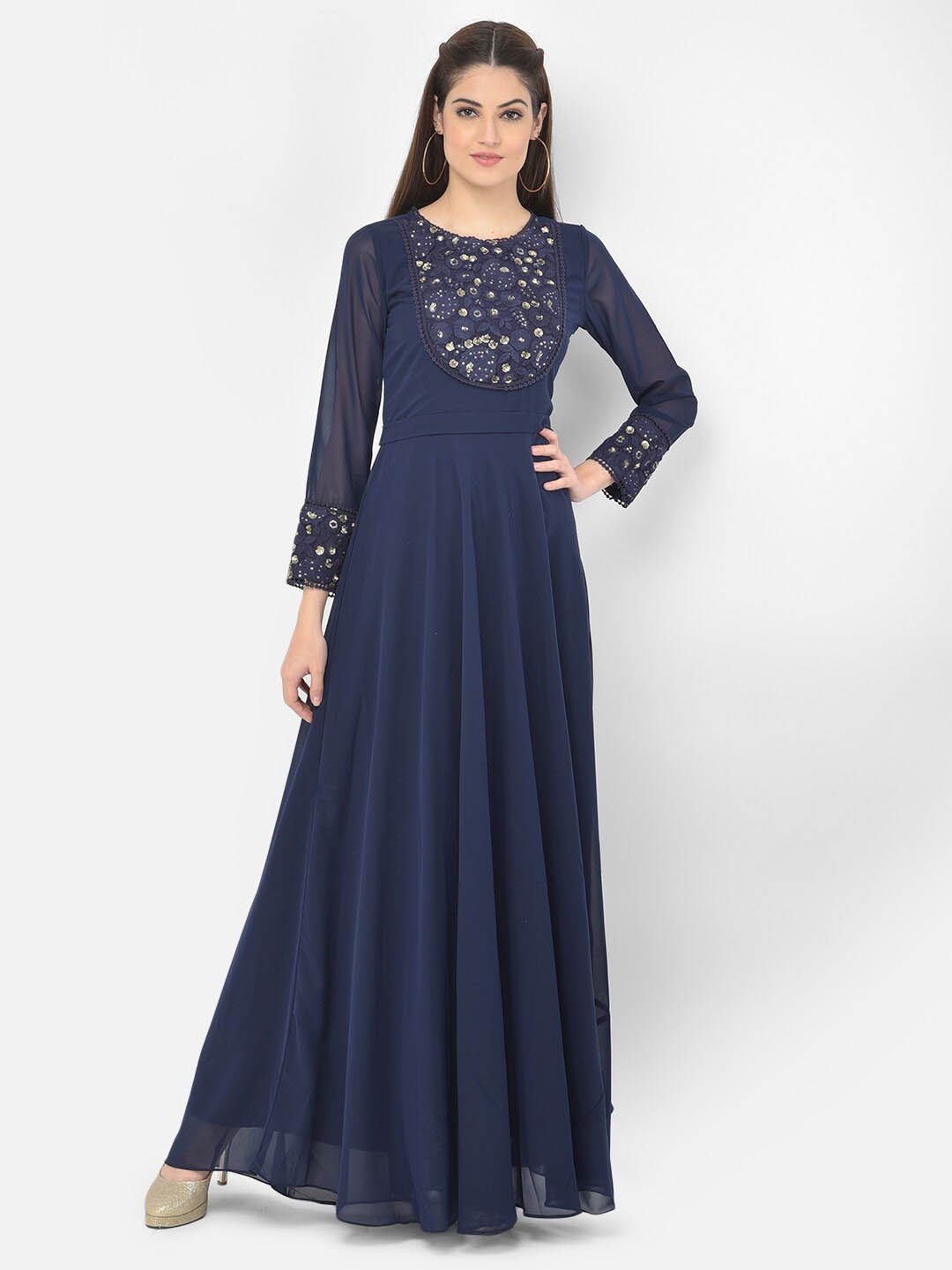 

Eavan Navy Blue Embellished Georgette Maxi Dress