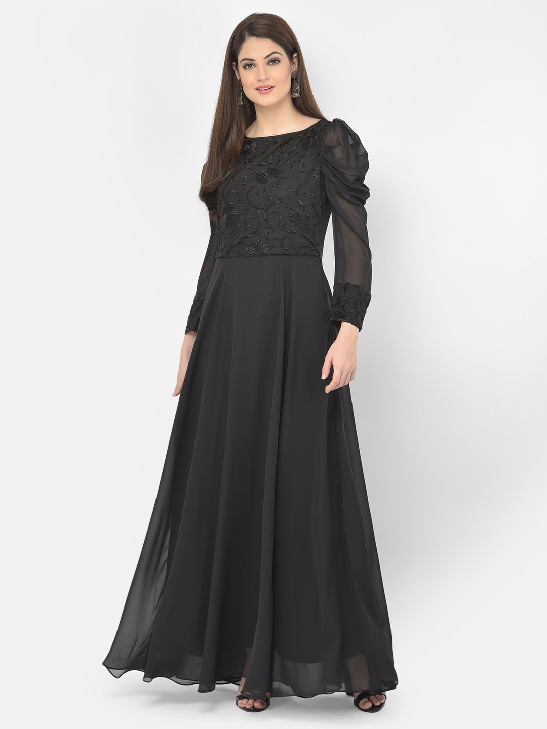 

Eavan Women Black Ethnic Motifs Embroidered Georgette Maxi Dress
