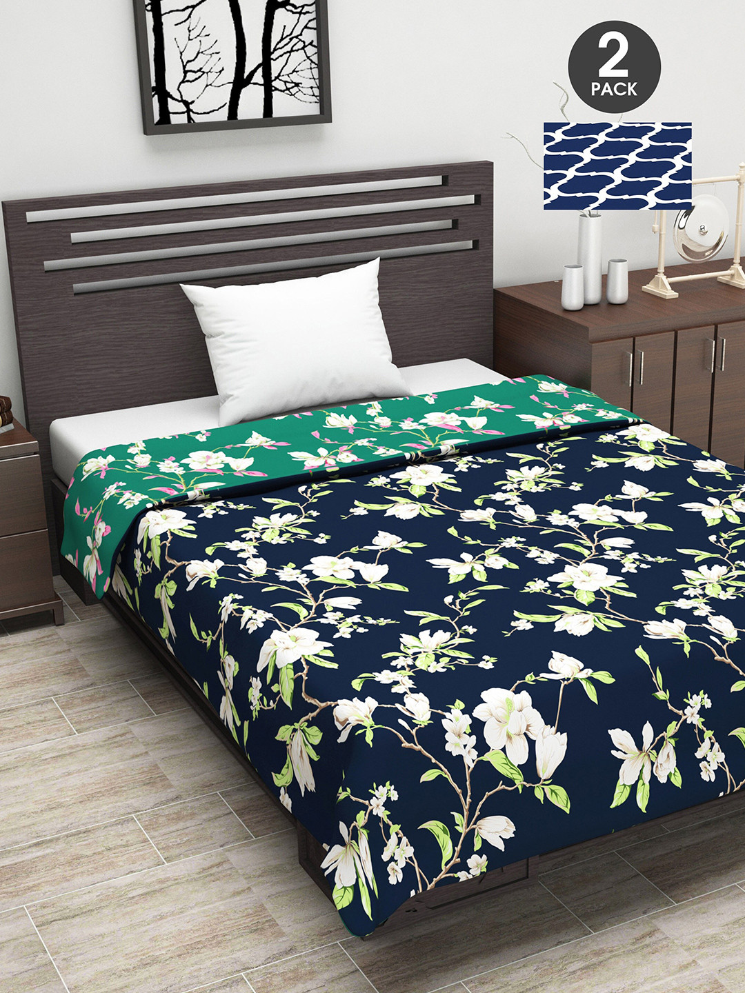 

Divine Casa Navy Blue & Grey Set of 2 Floral AC Room 110 GSM Single Bed Dohar