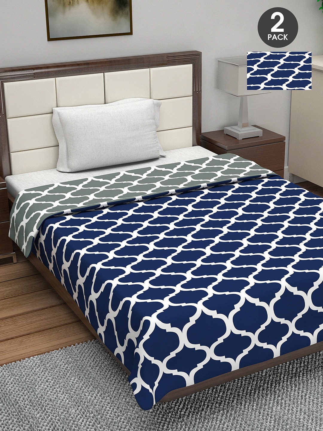 

Divine Casa Navy Blue & White Set of 2 Geometric AC Room 110 GSM Single Bed Dohar
