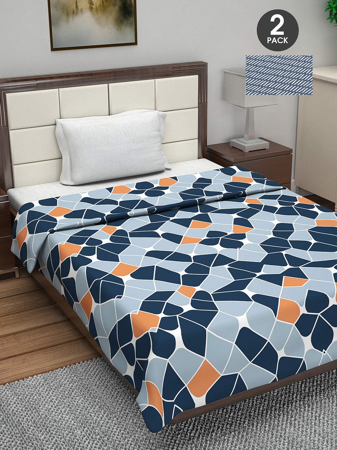 

Divine Casa Navy Blue & White Set of 2 Geometric AC Room 110 GSM Single Bed Dohar