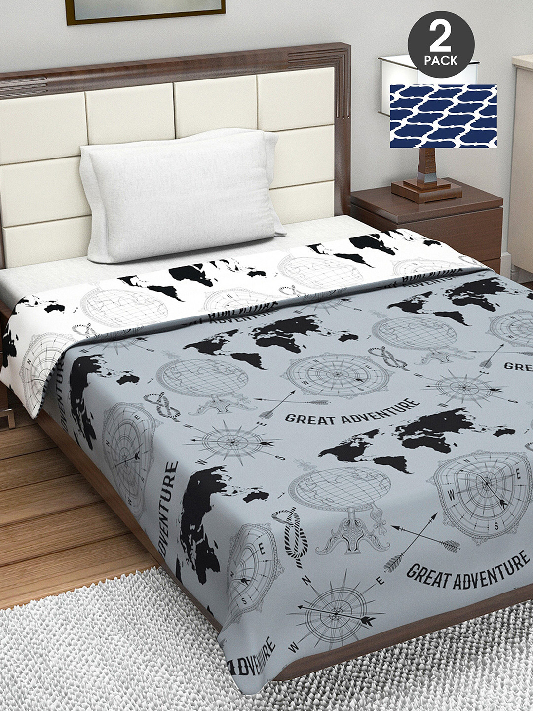 

Divine Casa Navy Blue & White Set of 2 Geometric AC Room 110 GSM Single Bed Dohar