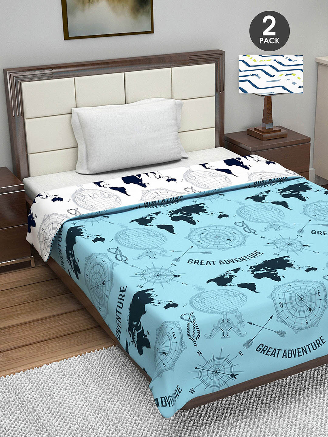 

Divine Casa Set of 2 Blue & White AC Room 110 GSM Single Bed Dohar