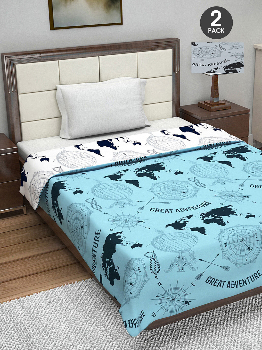 

Divine Casa Set of 2 Blue & Grey Geometric AC Room 110 GSM Single Bed Dohar