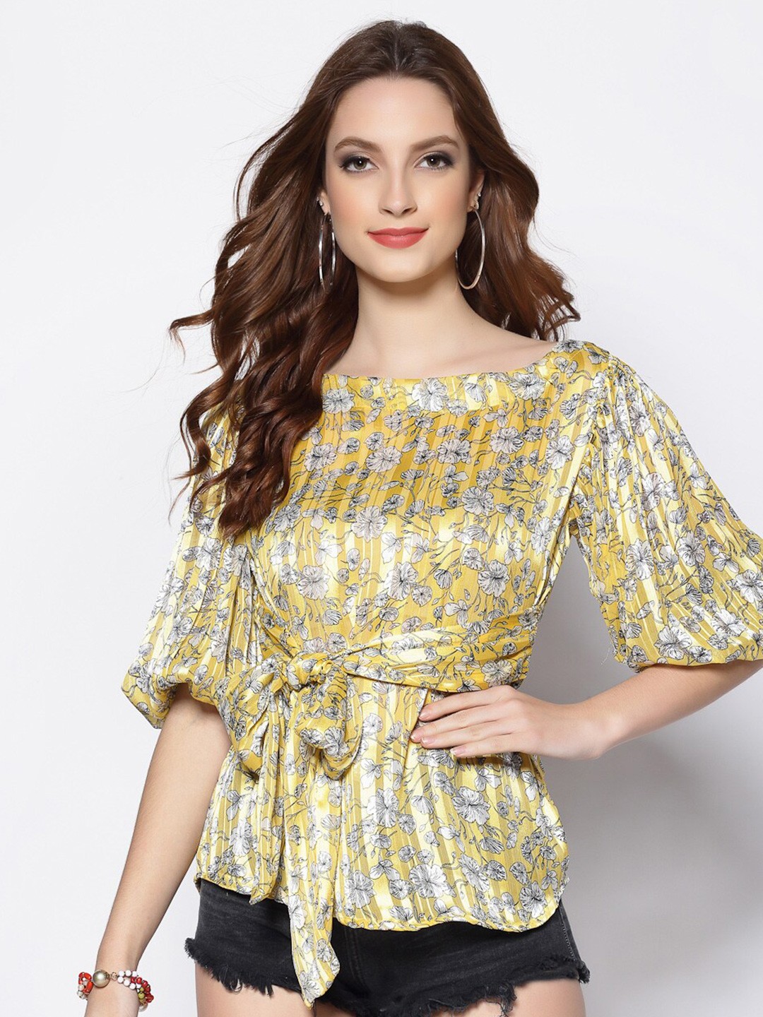 

Sera Yellow Floral Chiffon Cinched Waist Top