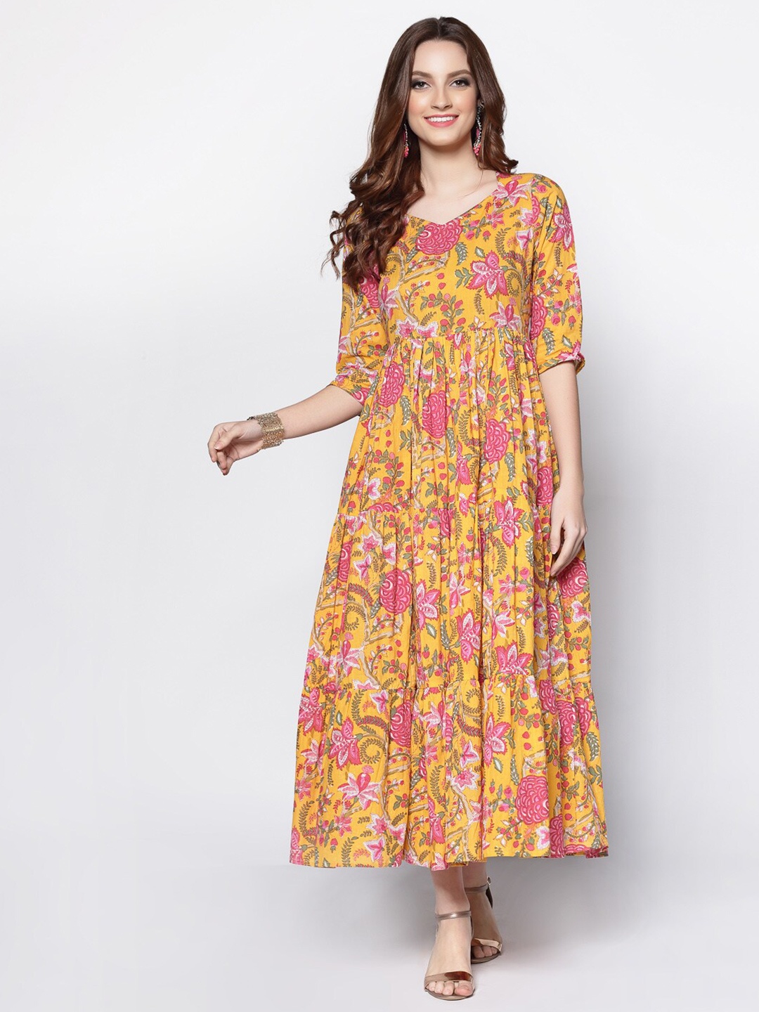 

Sera Yellow Floral Ethnic Cotton Maxi Dress