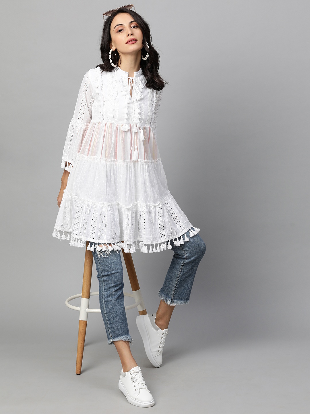 

FASHOR White Woven Design Thread Work Pure Cotton Thread Work Tiered Kurti