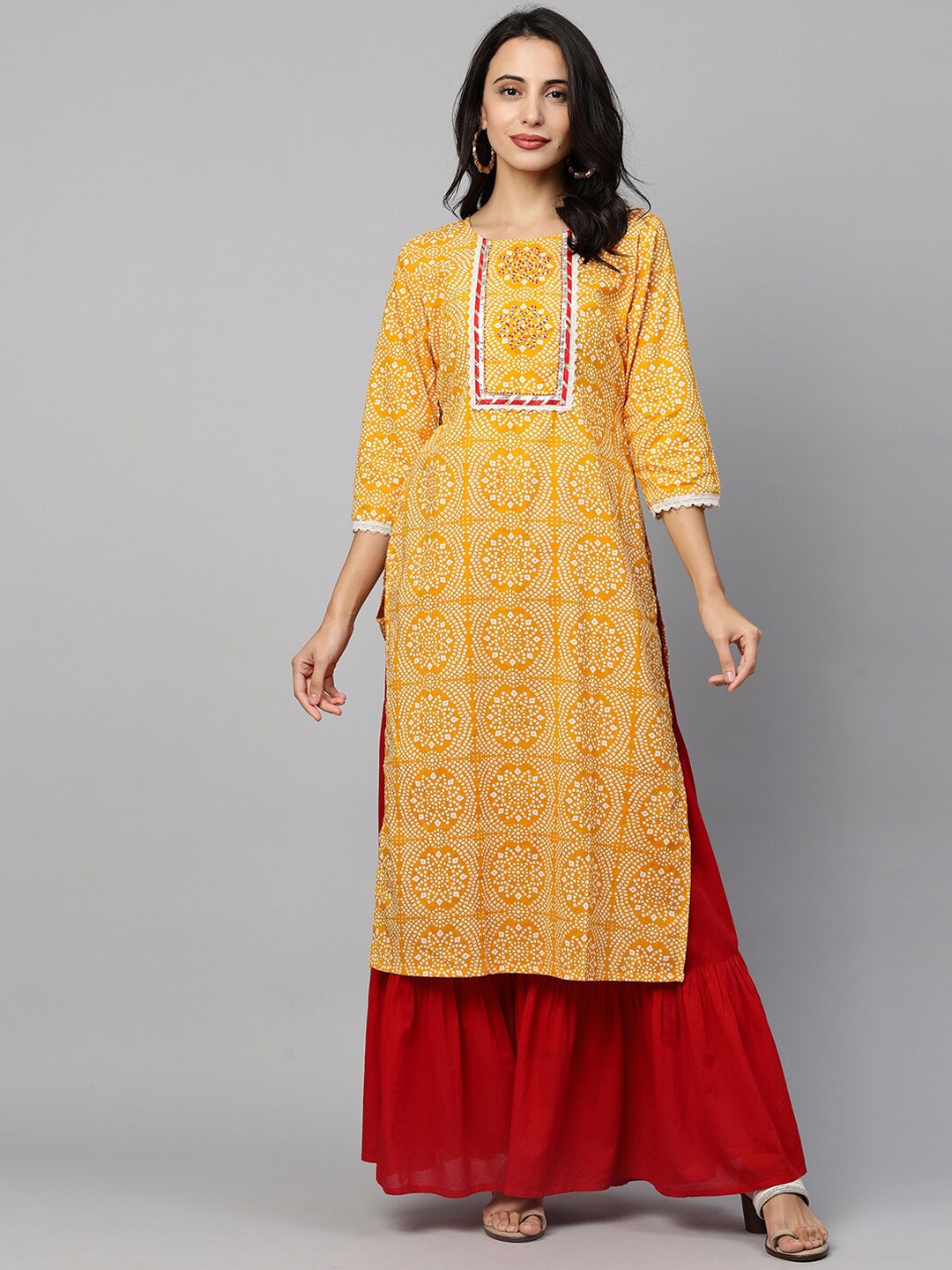 

FASHOR Women Mustard Yellow & White Bandhani Gotta Patti Straight Kurta