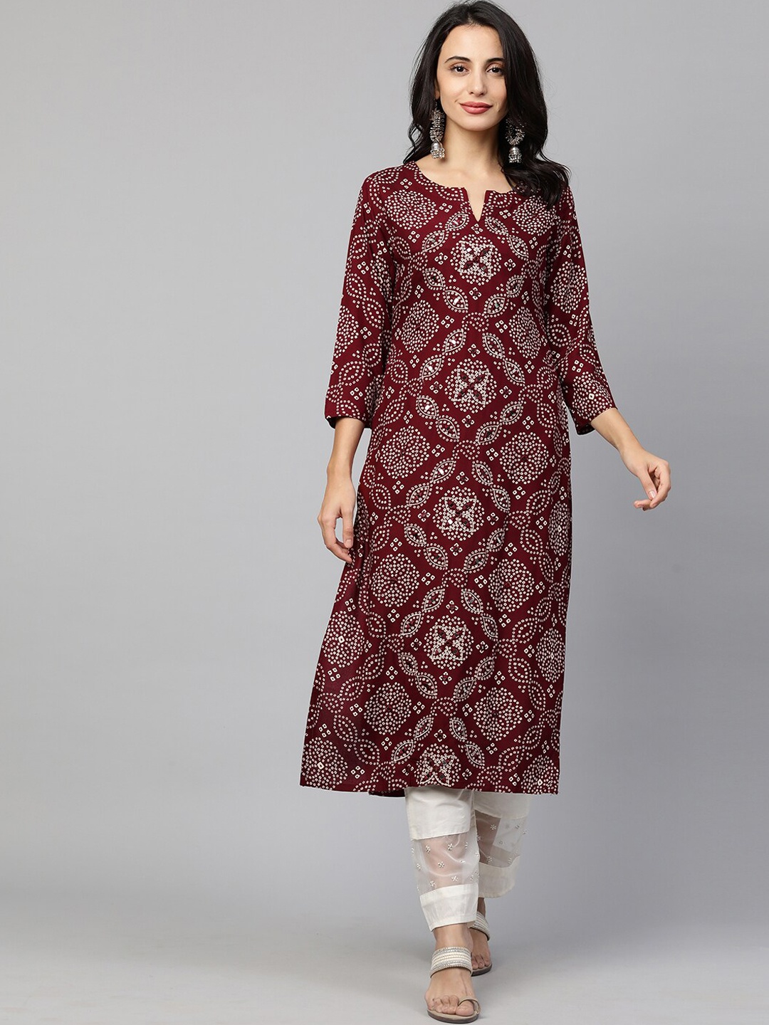 

FASHOR Women Maroon & White Bandhani Print Straight Kurta