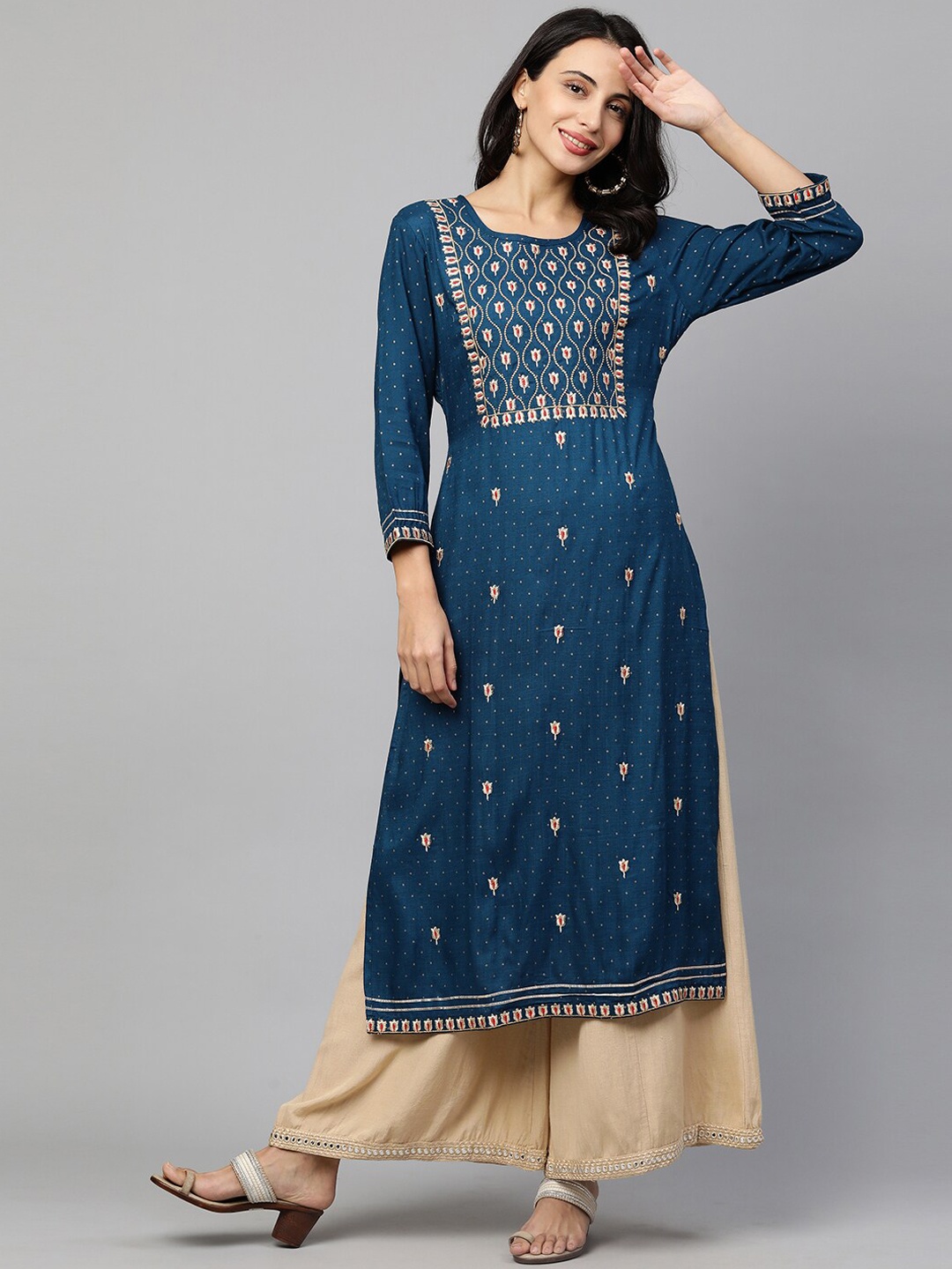 

FASHOR Women Teal Ethnic Motifs Embroidered Straight Kurta
