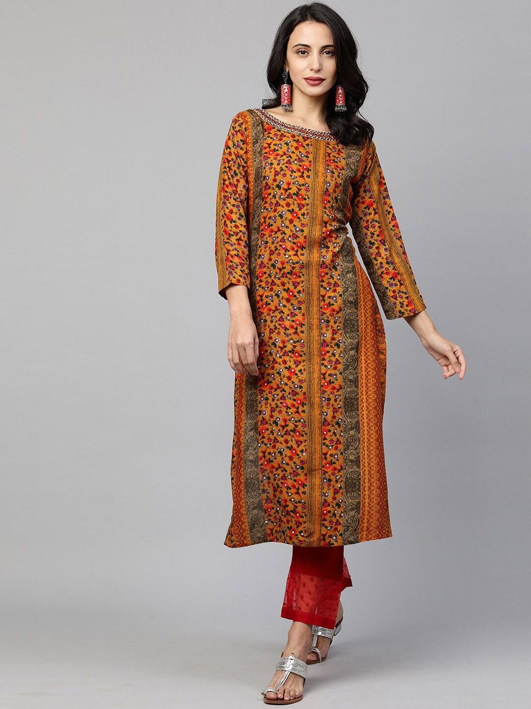 

FASHOR Women Yellow & Red Floral Screen Printed Mirror Work Straight Kurta