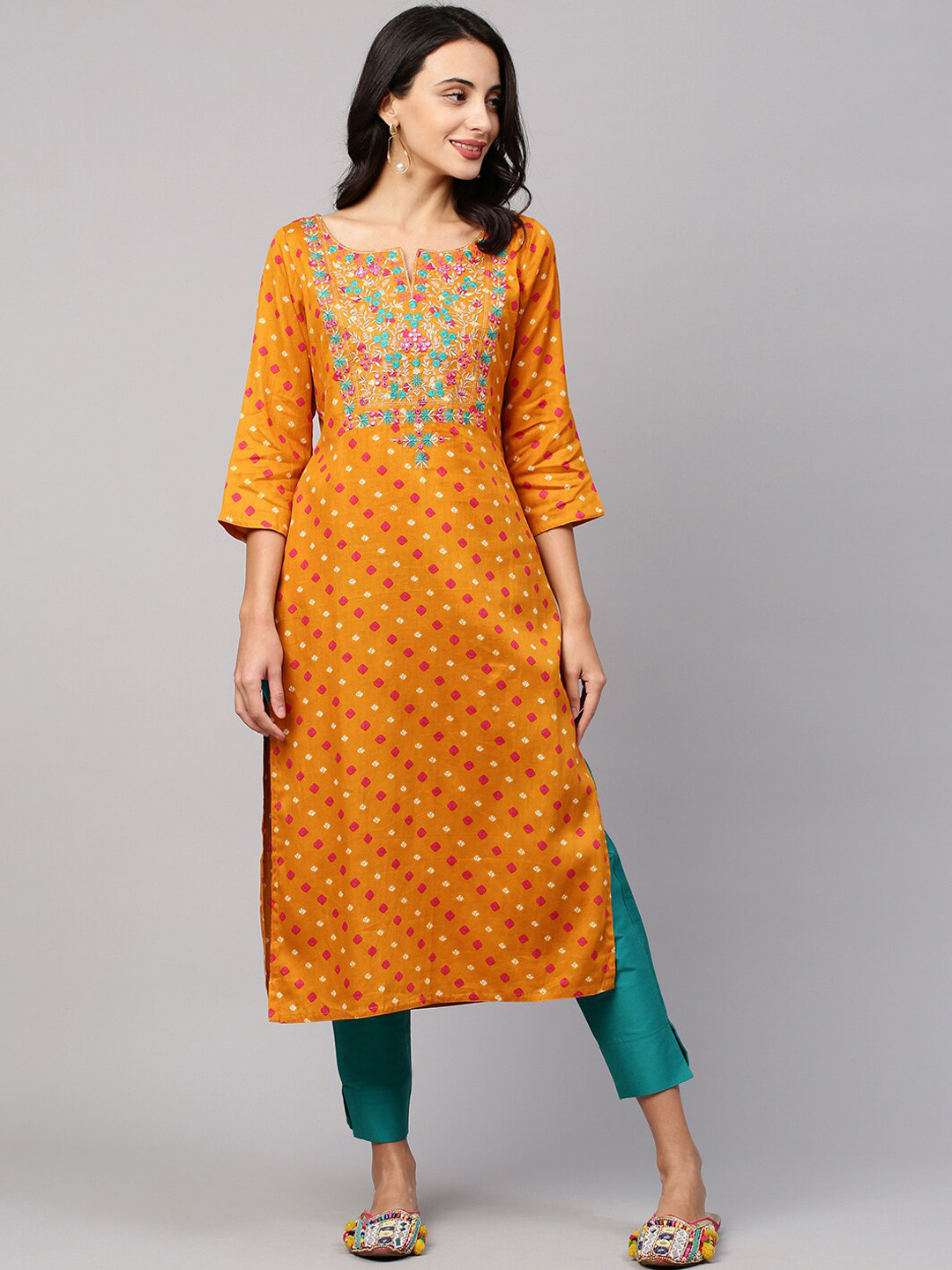 

FASHOR Women Yellow & Red Bandhani Screen Printed Thread Work Straight Kurta