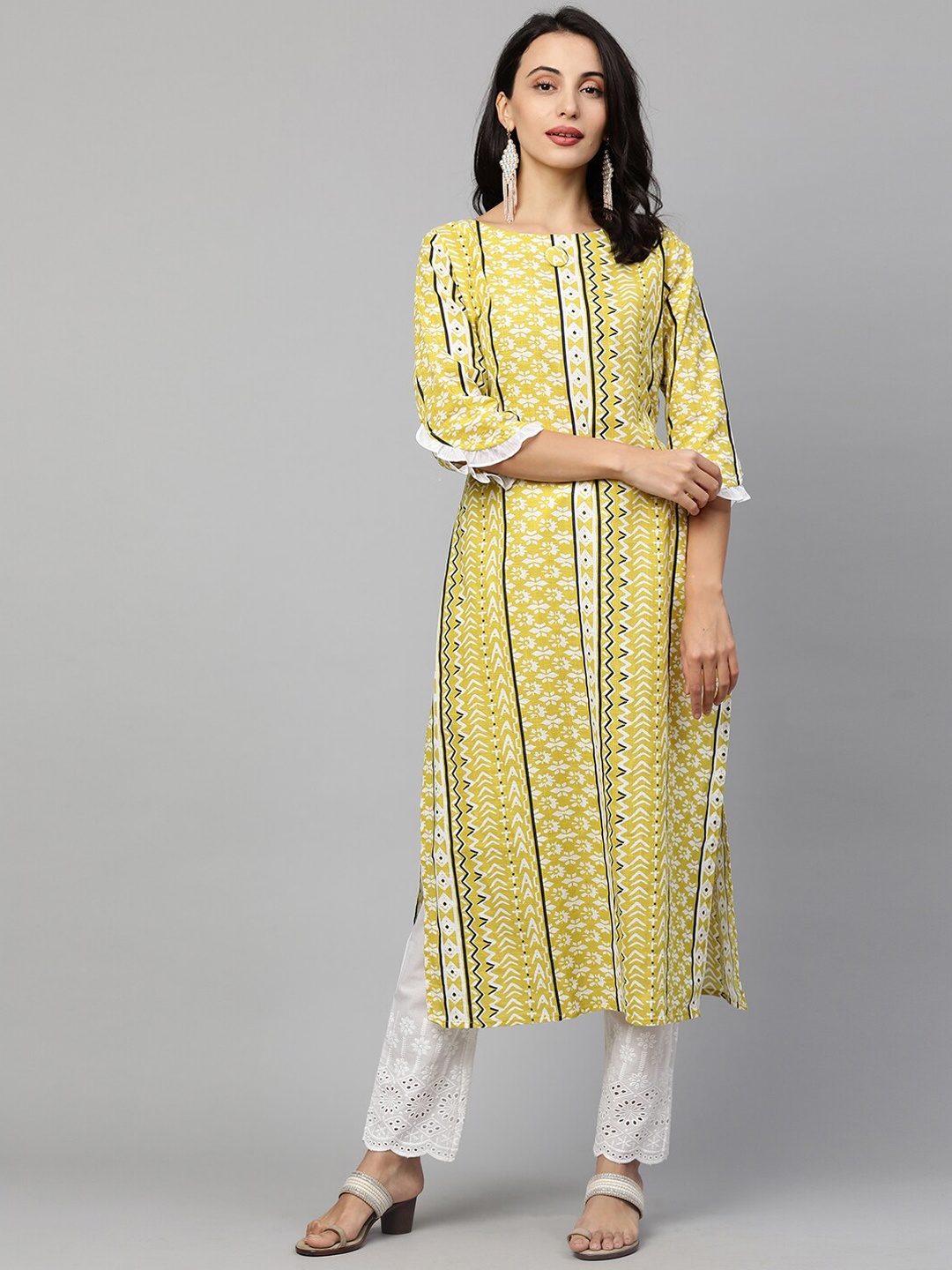 

FASHOR Women Yellow & White Ethnic Motifs Screen Printed Cotton Straight Kurta