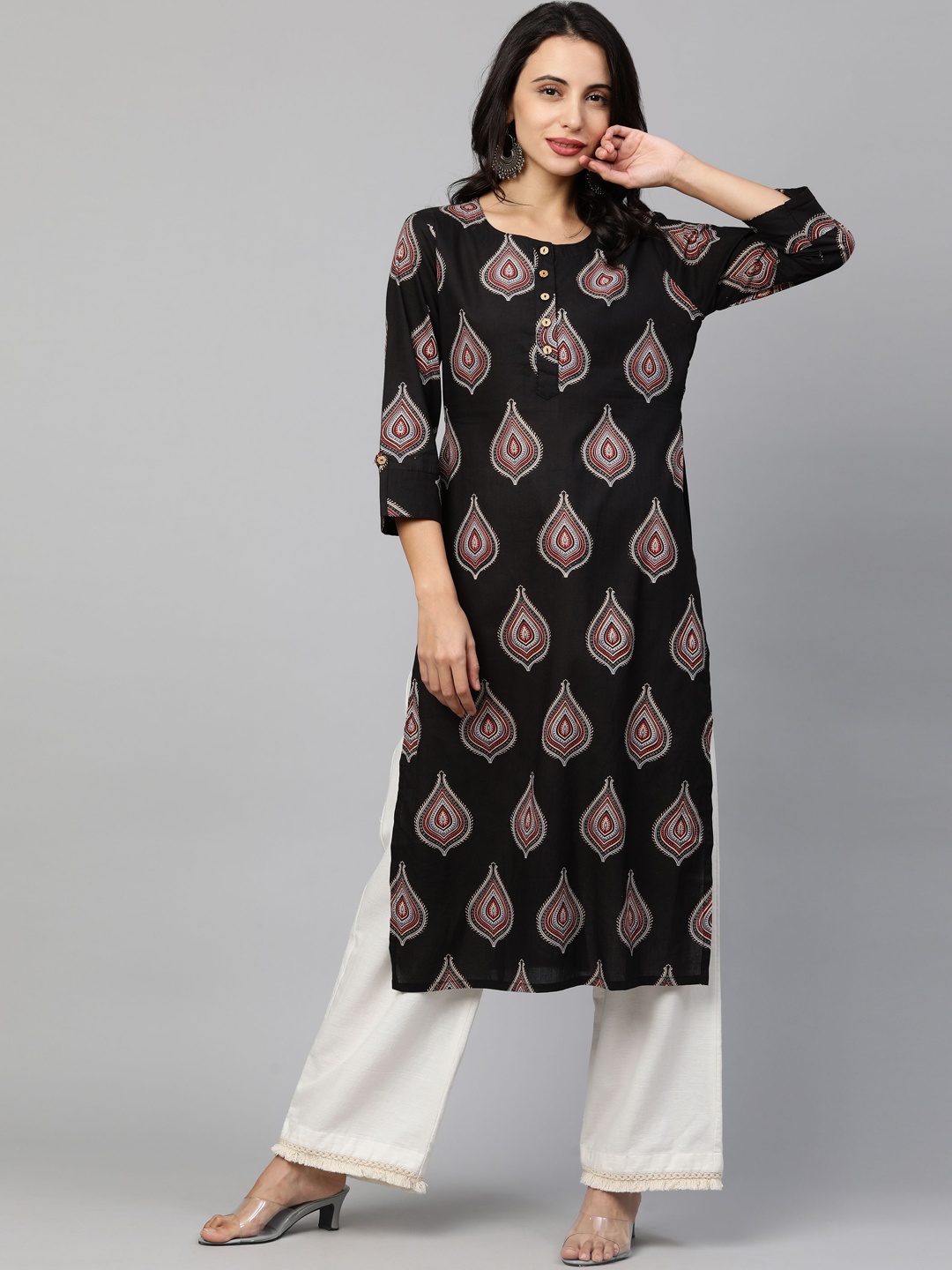 

FASHOR Women Black & Maroon Ethnic Motifs Screen Printed Cotton Straight Kurta