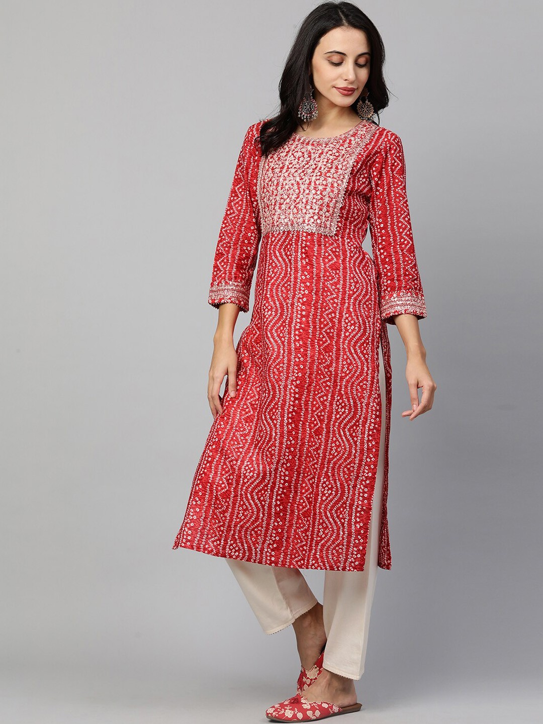 

FASHOR Women Red & White Bandhani Printed Thread Work Cotton Straight Kurta
