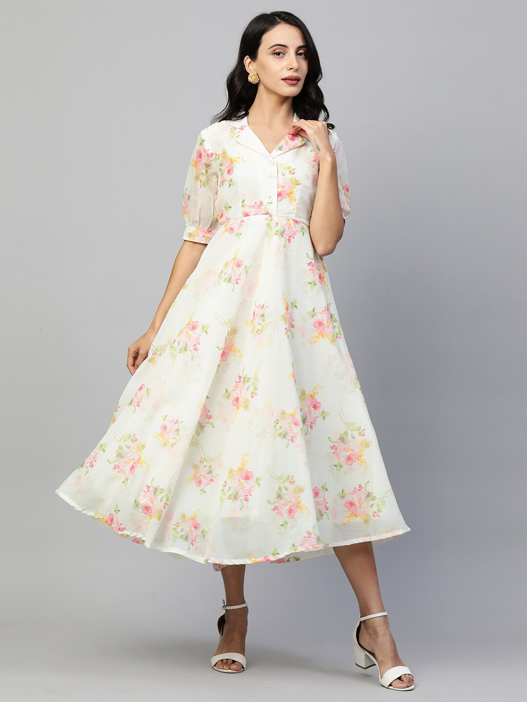 

FASHOR White Floral Georgette A-Line Midi Dress