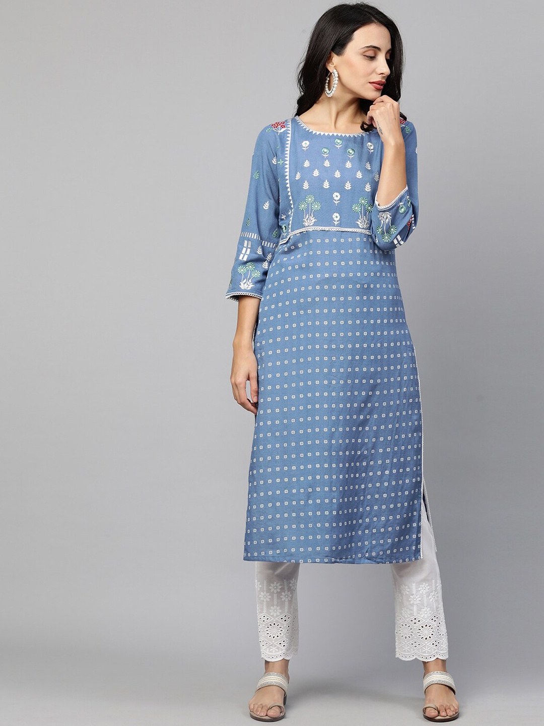 

FASHOR Women Blue & White Bandhani Printed Thread Work Kurta