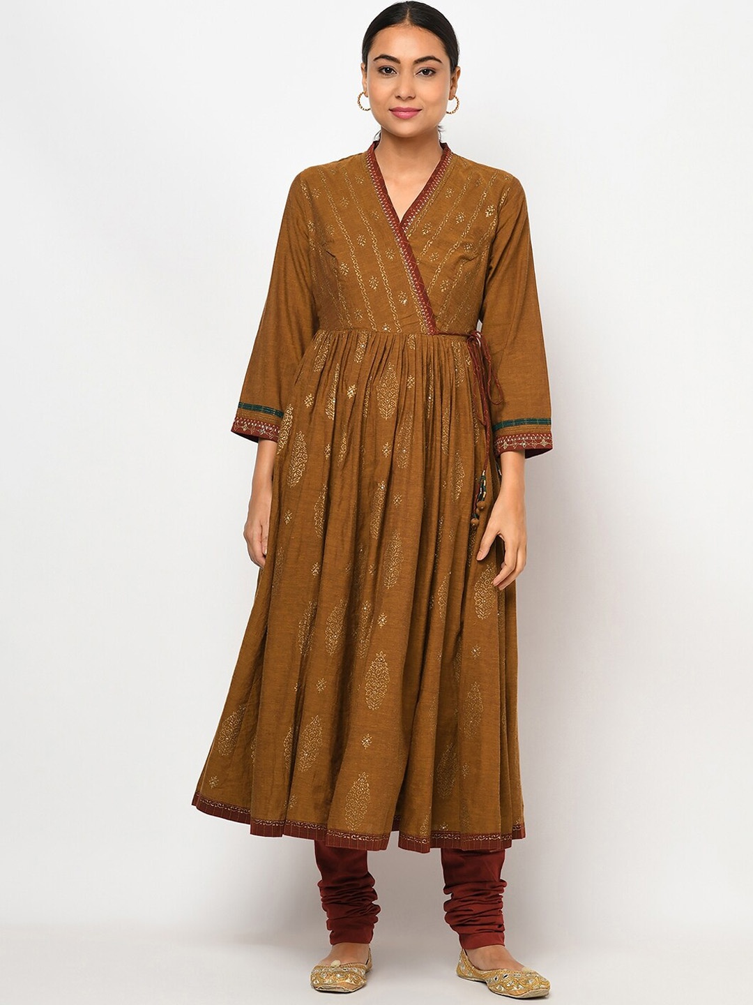 

Fabindia Women Rust Angrakha Pure Cotton Kurta With Churidar