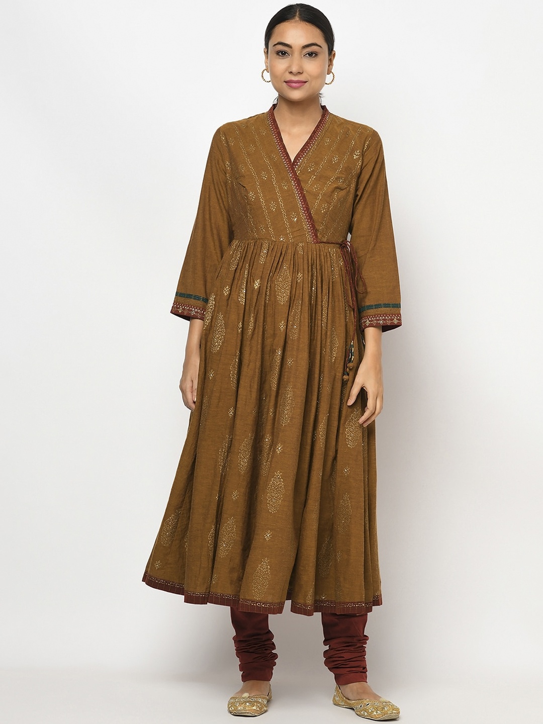 

Fabindia Women Rust Ethnic Motifs Angrakha Pure Cotton Kurti with Churidar