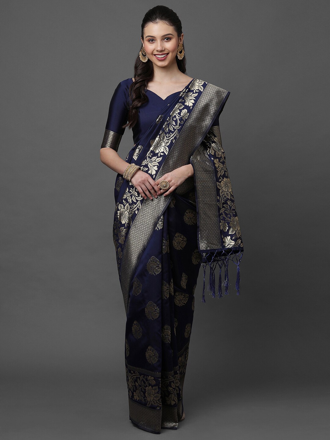 

Mitera Navy Blue & Gold-Toned Woven Design Zari Silk Blend Banarasi Saree