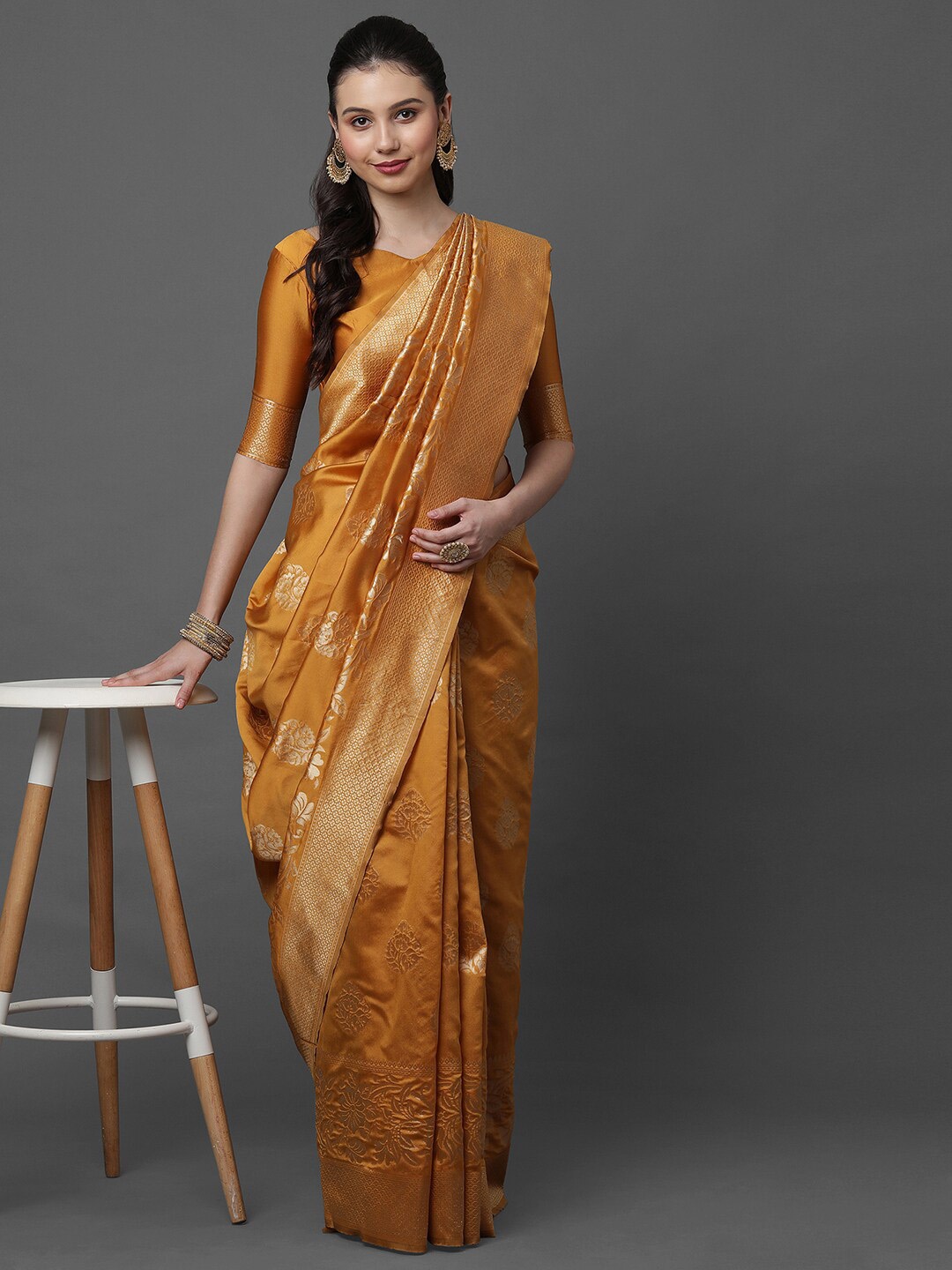 

Mitera Mustard & Gold-Toned Floral Zari Banarasi Silk Blend Saree