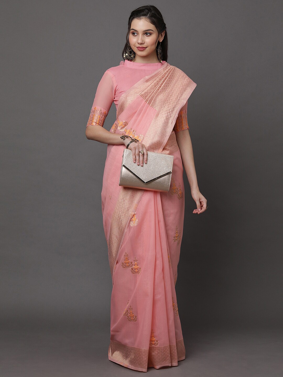 

Mitera Pink & Gold-Toned Woven Design Zari Linen Blend Banarasi Saree