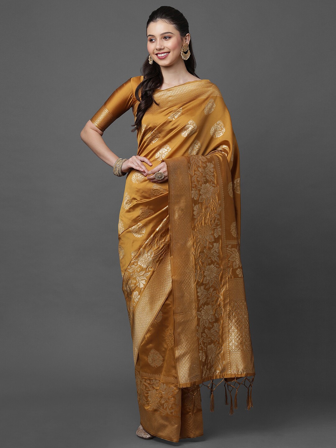 

Mitera Brown & Gold-Toned Floral Zari Banarasi Silk Blend Saree