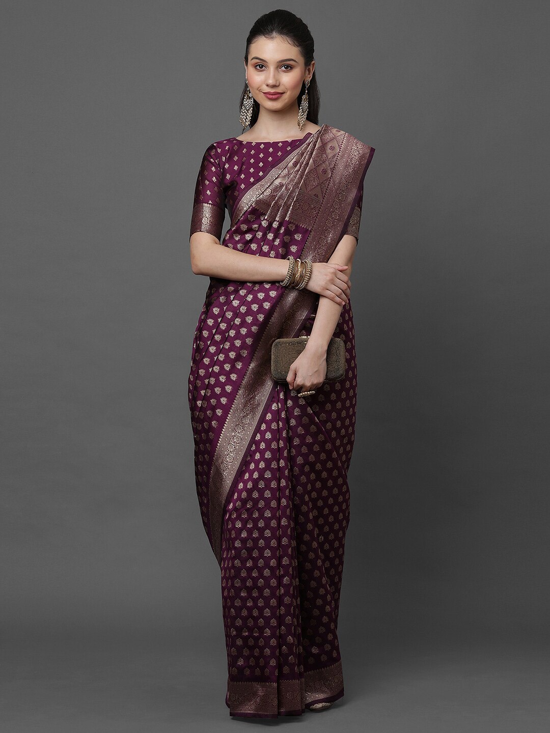 

Mitera Magenta & Gold-Toned Ethnic Motifs Silk Blend Banarasi Saree