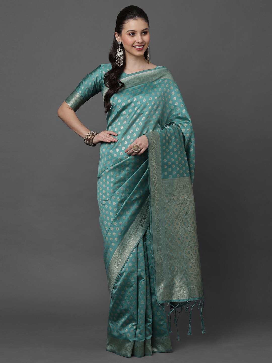 

Mitera Sea Green & Gold-Toned Woven Design Zari Silk Blend Banarasi Saree