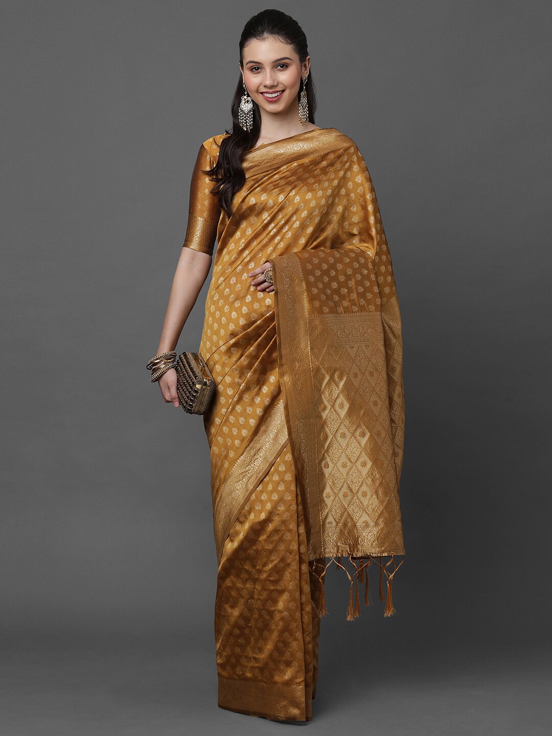 

Mitera Mustard Yellow Woven Design Zari Silk Blend Banarasi Saree