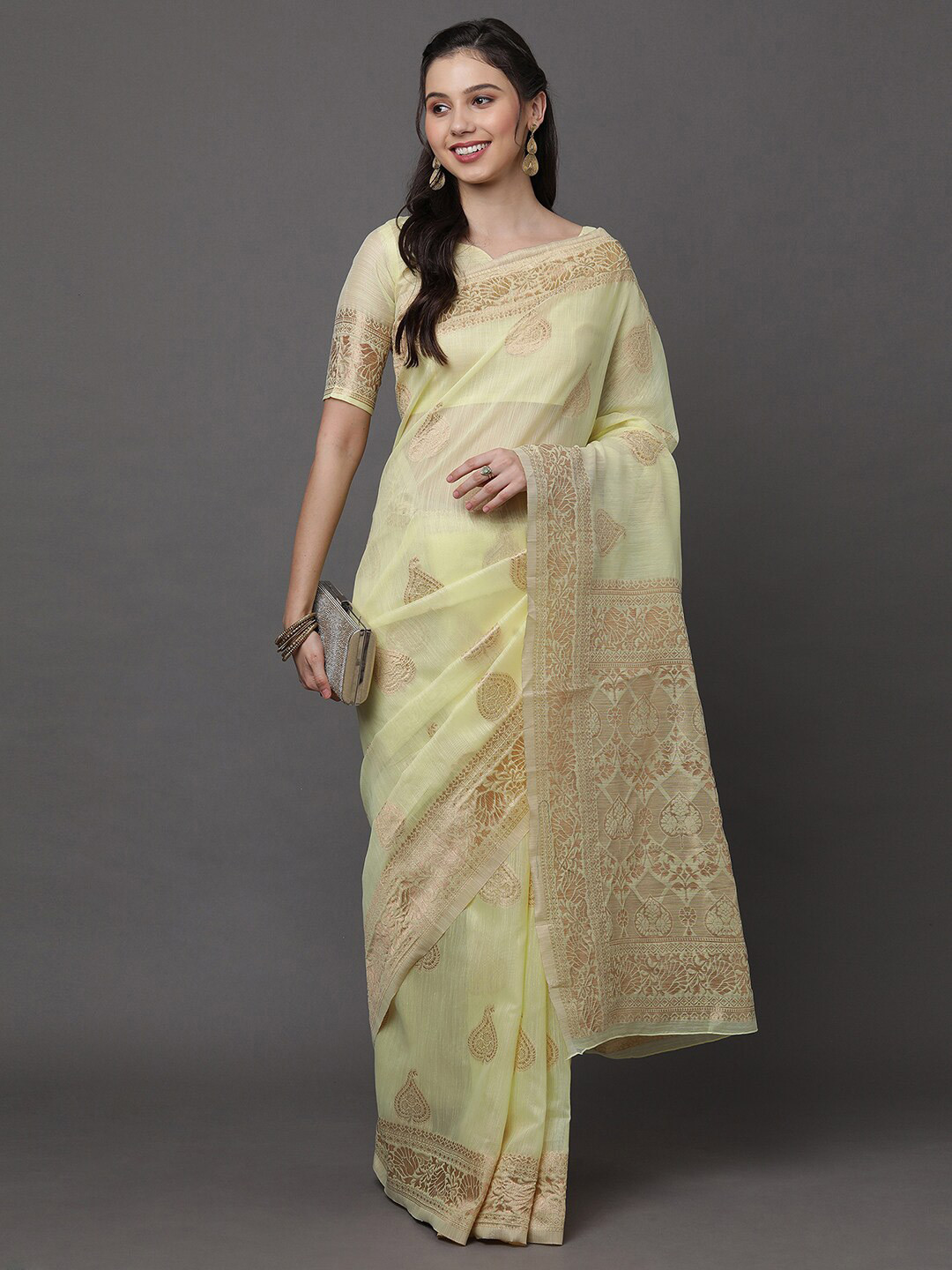 

Mitera Yellow & Gold-Toned Ethnic Motifs Zari Linen Blend Banarasi Saree