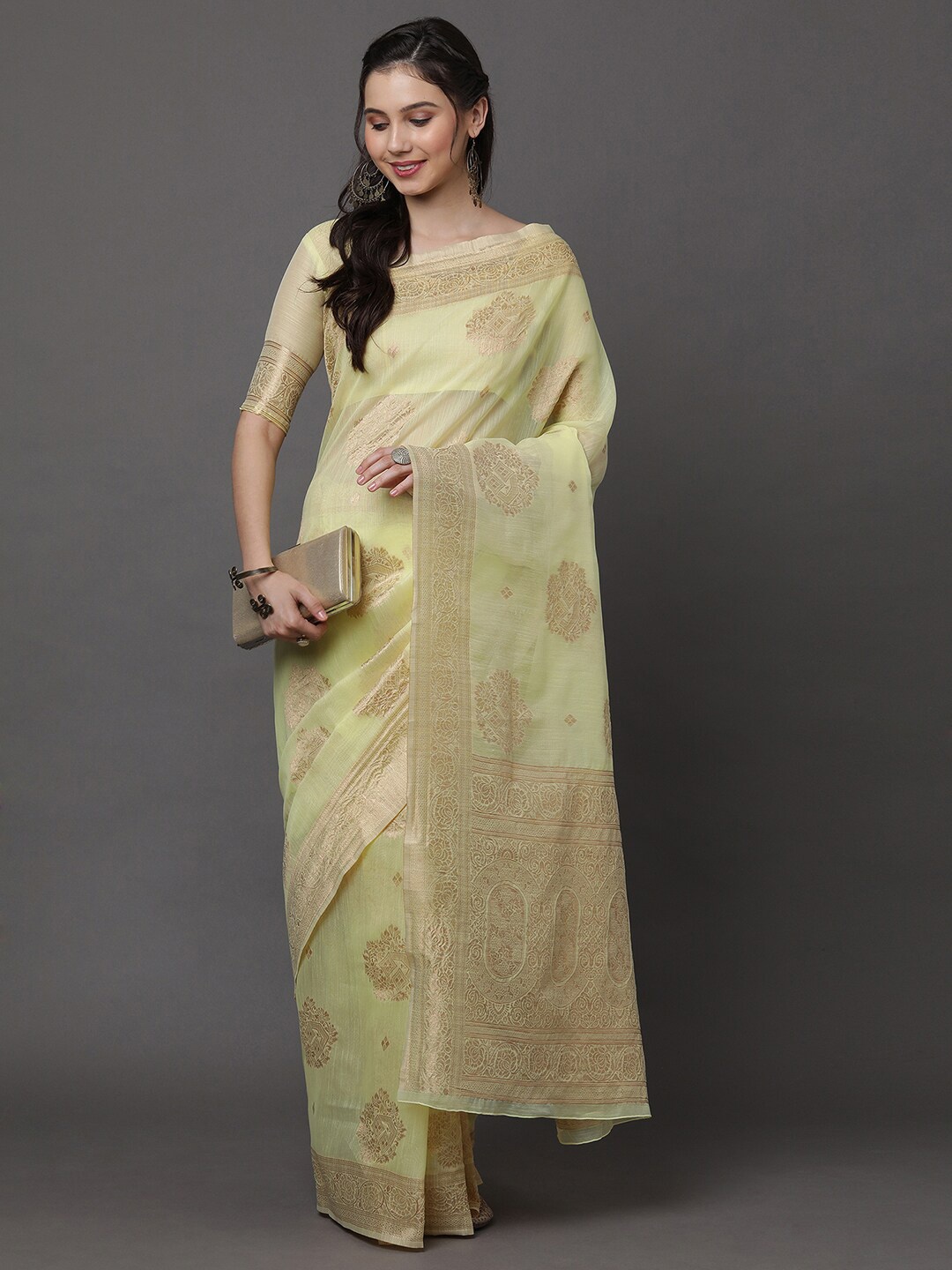 

Mitera Yellow & Gold-Toned Floral Linen Blend Banarasi Saree