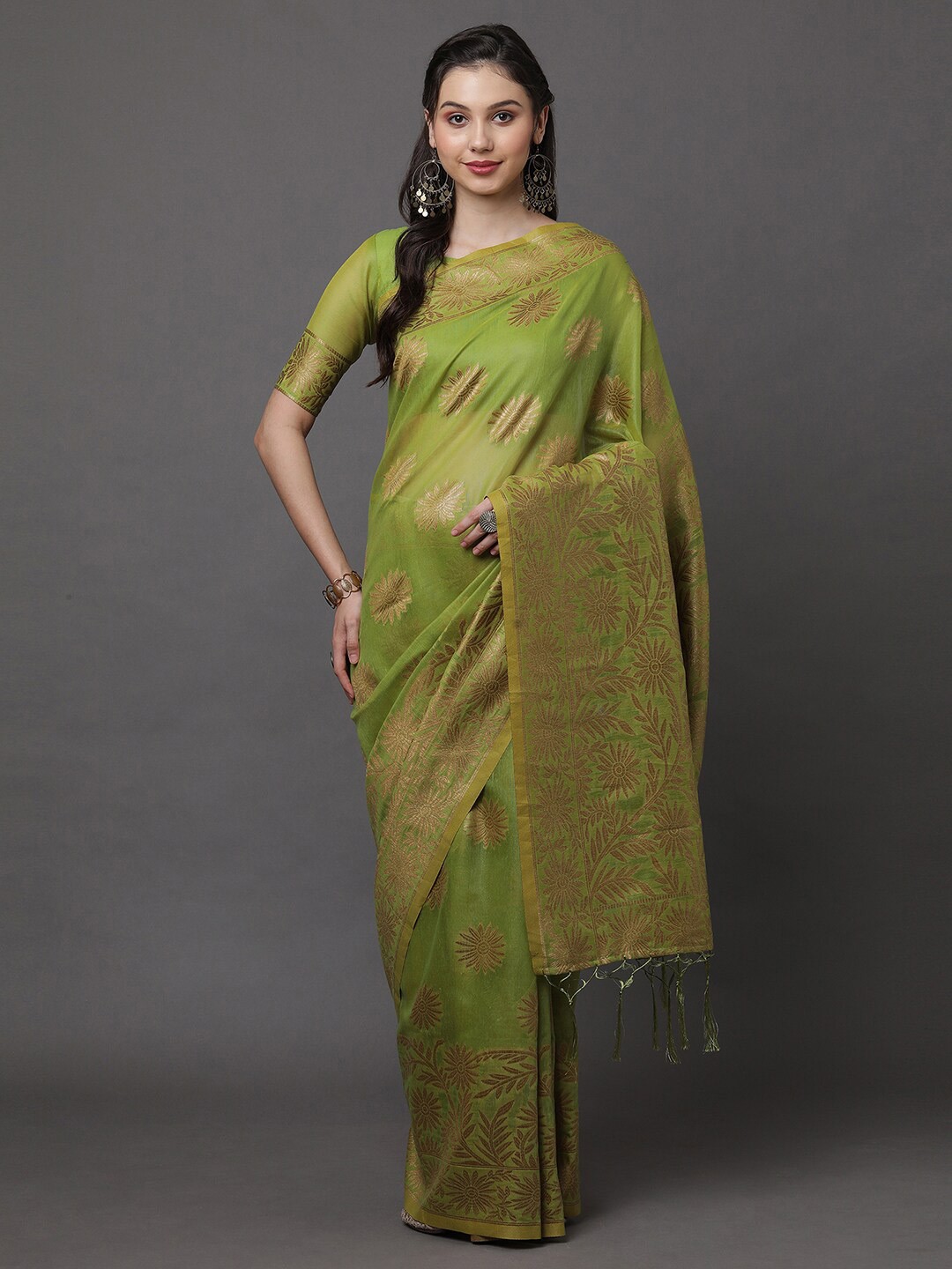 

Mitera Olive Green Woven Design Zari Banarasi Saree