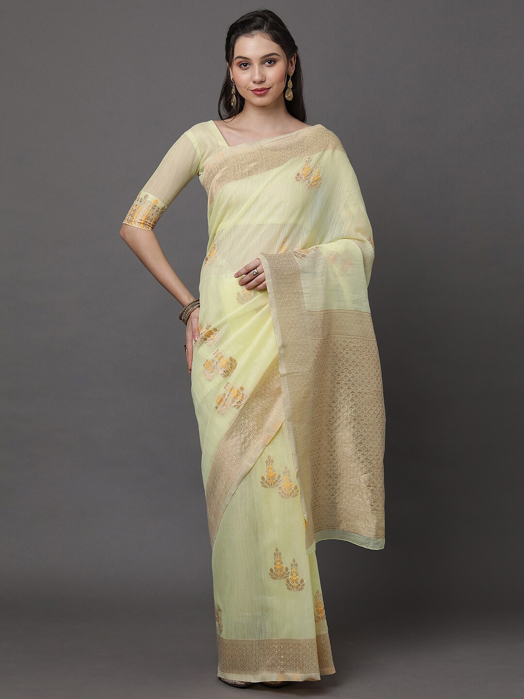 

Mitera Yellow & Gold-Toned Floral Zari Banarasi Saree